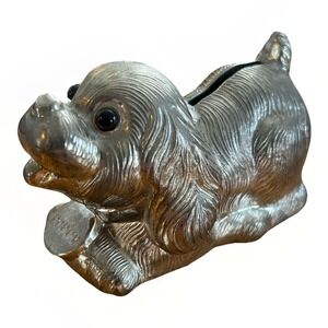 Vintage Silver Tone Puppy Dog Coin Piggy Bank Metal Kids Baby Room Decor Retro